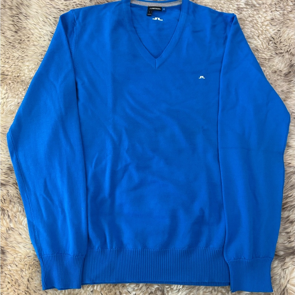 J.Lindeberg Blue V-Neck Sweater Jumper L Merino Wool Golf Casual